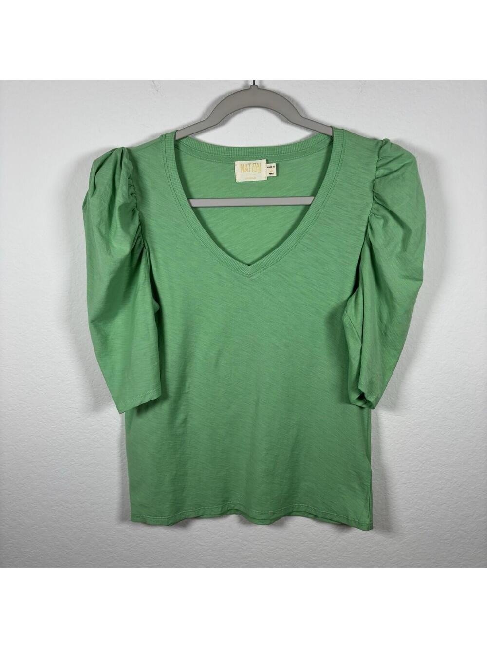 Nation LTD Women Small Green Pima Cotton Puff Sleeve V-Neck Tee Top Feminine EUC